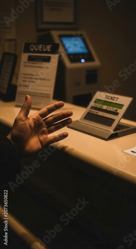 Waiting Line Customer Service Desk With Ticket Machine A Hand Reaching Out To A Kiosk
