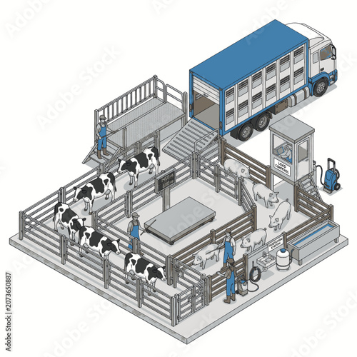Livestock transportation and processing facility with cows and pigs being managed.