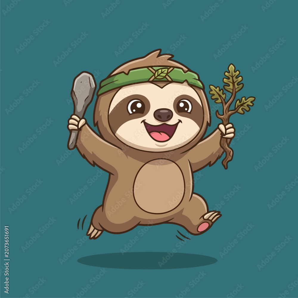 Obraz premium Cute Cartoon Caveman Sloth Running with Stone Club Vector Illustration
