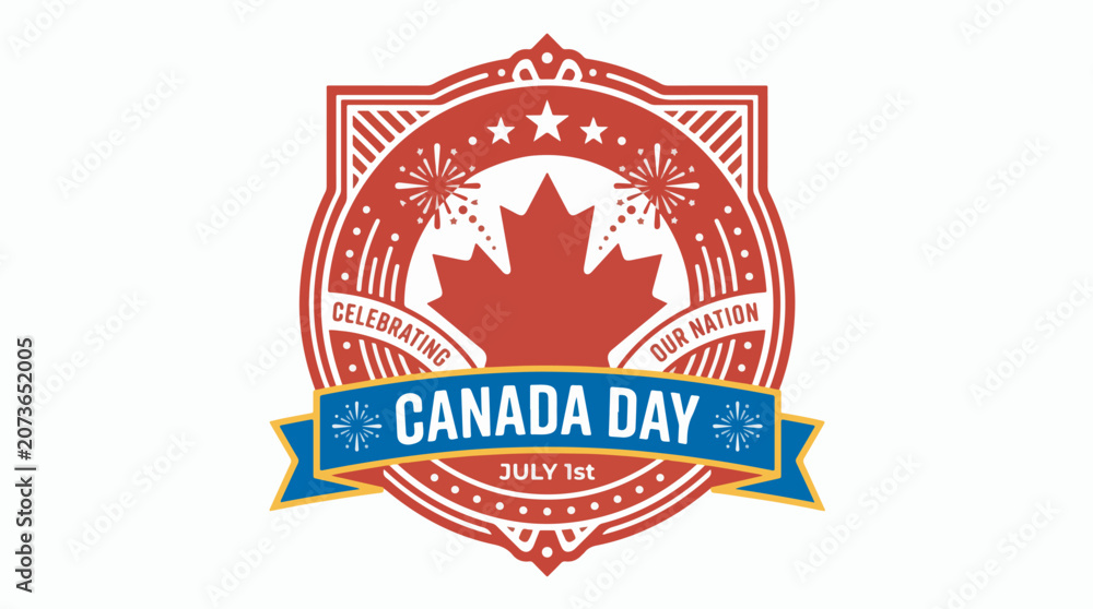 Fototapeta premium A festive red and white Canada Day emblem featuring a maple leaf, stars, fireworks, and a banner with 'Canada Day July 1st' text, celebrating the nation.