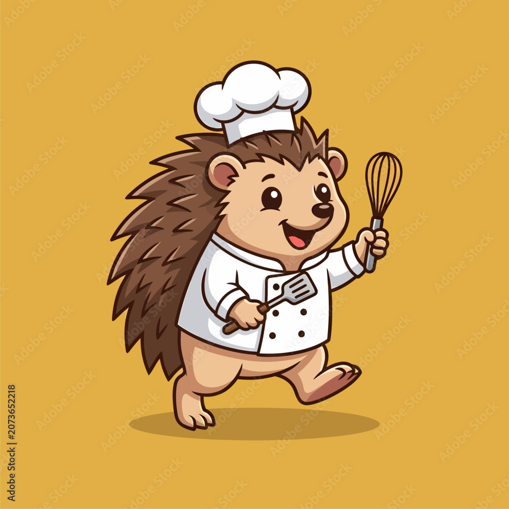 Fototapeta premium Cute Hedgehog Chef Character Vector Illustration with Kitchen Tools
