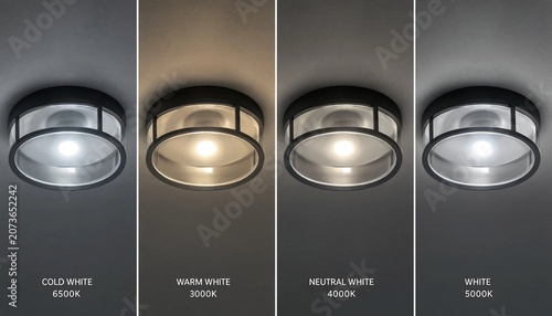 Modern ceiling light with different color temperatures on, cold white, warm white, neutral white, white light bulbs