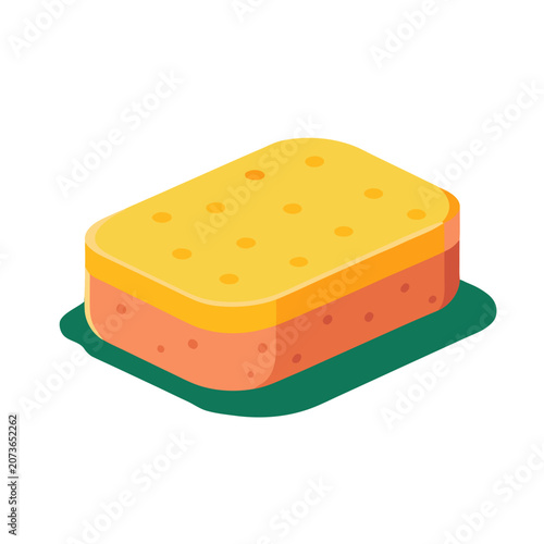 a rectangular kitchen sponge with a yellow top and orange scrubbing side, featuring small dots/pores and a green shadow underneath, shown in an isometric style.