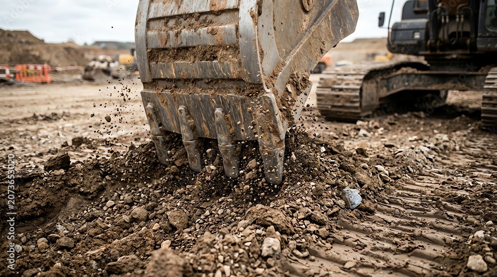 Fototapeta premium Construction Excavator Digging Soil at Construction Site.