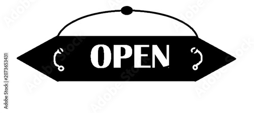 Black and white hanging open sign vector icon for shop door.