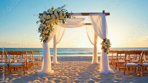 Beach wedding ceremony at sunset