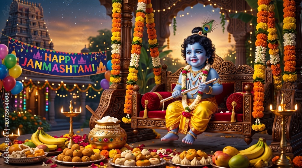 Fototapeta premium Happy Janmashtami: Baby Krishna on a Swing with Festive Treats