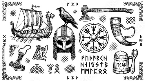 Hand drawn viking culture elements longship axe helmet rune shield horn mead, black ink sketch vector illustration
