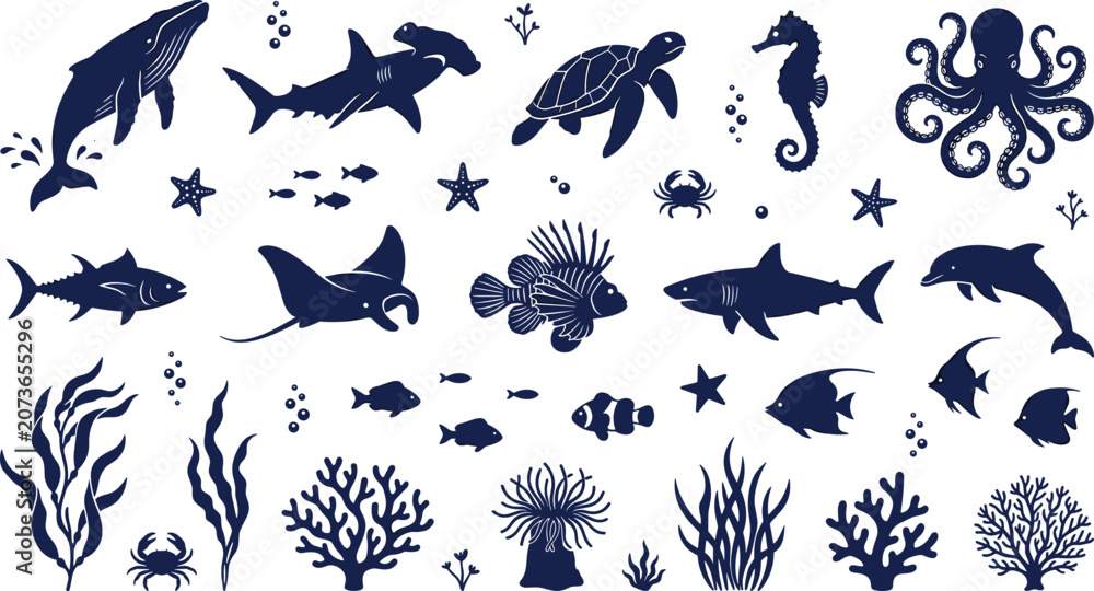 Obraz premium Set of dark blue sea creature silhouettes and marine wildlife vector icons featuring whale shark turtle stingray octopus seahorse and coral reef elements