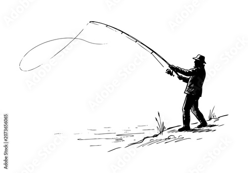 Obraz na płótnie Vintage Fishing Rod And Tackle Gear Vector Illustration Hand Drawn Sport Fishing