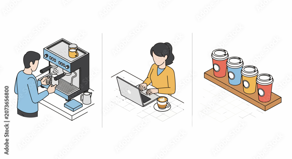 Fototapeta premium Isometric modern coffee shop culture set featuring barista making espresso woman working on laptop and colorful takeaway paper cups