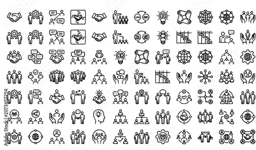 Partnership and Teamwork Outline Icons Pack with Cooperation Leadership and Organization Symbols