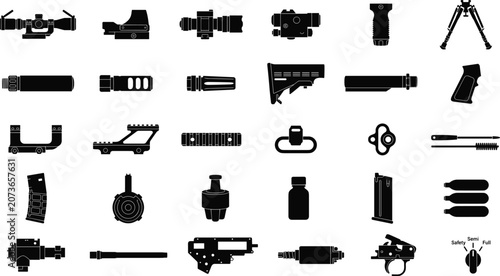 Vector icon set showing assorted firearm components gun parts optics magazines and weapon hardware
