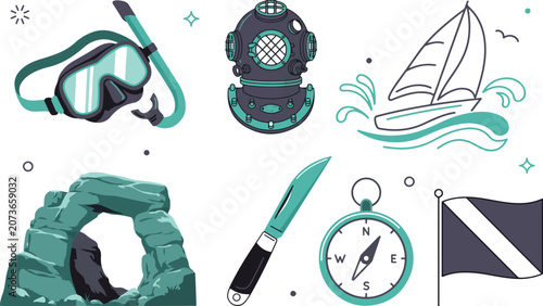 Set of nautical and diving equipment icons
