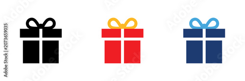Gift box icon set with black, red, and blue wrapped present symbols for holiday celebration collection design