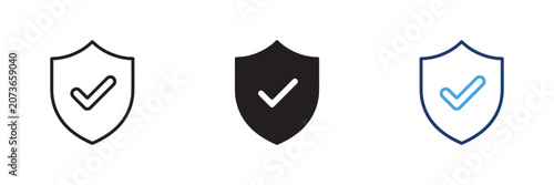 Shield security icon set with black, white, and blue protection symbols for modern safety interface design