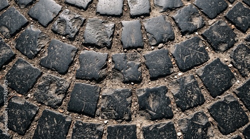 Cobblestone Circle Texture: A close-up overhead view reveals the intricate pattern and weathered texture of dark, square cobblestones arranged in a circular formation.