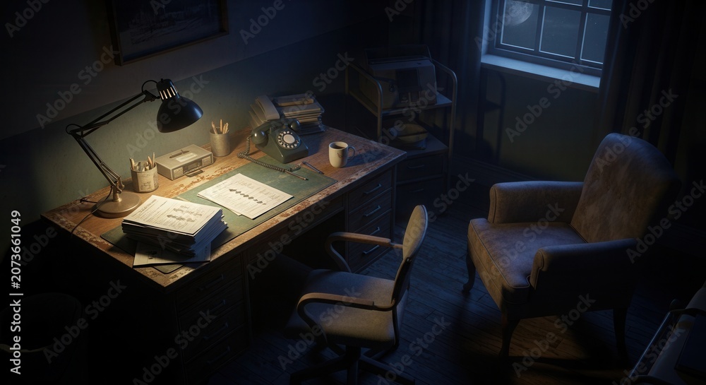 Fototapeta premium Vintage Office Workspace Illuminated By Desk Lamp And Evening Moonlight