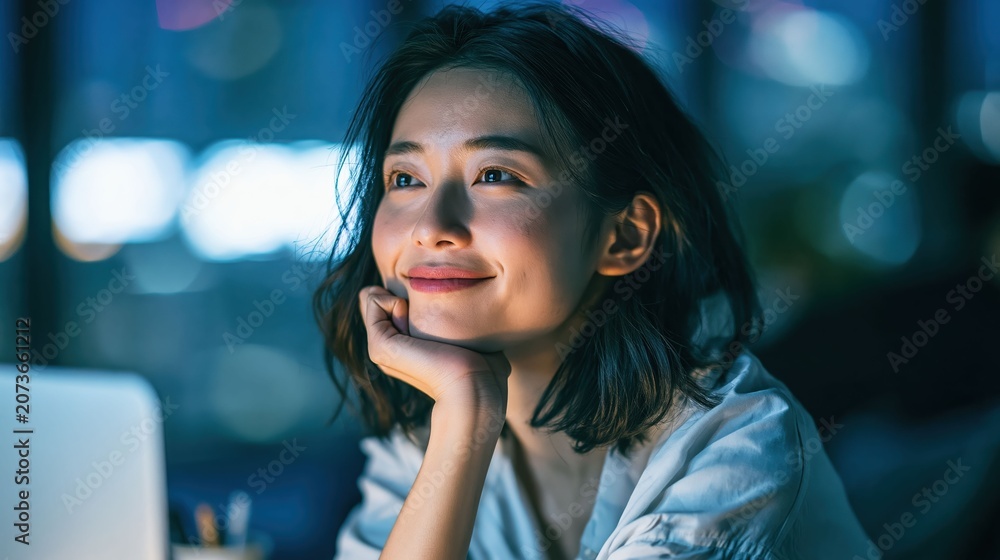 Obraz premium Asian office working girl with a radiant smile sits in front of her laptop immersed in work against a soothing blue turquoise background.