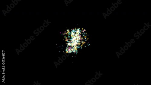Colorful animated particles and stars rapidly sweep in from the left edge of the screen, pause briefly at the center, and then swiftly exit to the right.