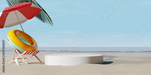 minimalist white podium on beach with umbrella and beach chair 3d rendering