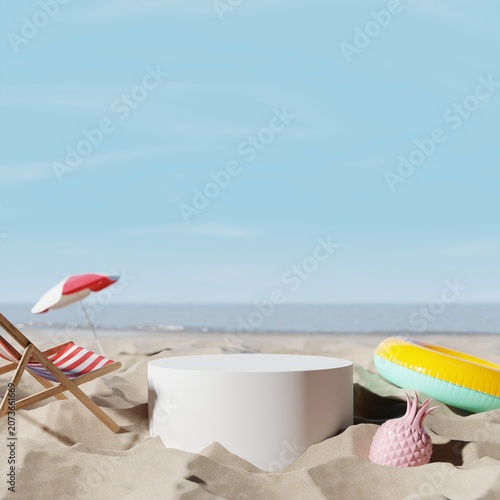 minimalist podium presentation on beach with umbrella ring and chair 3d rendering