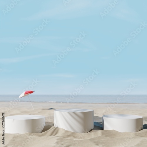 minimalist podiums presentation on beach with umbrella and blue sky 3d rendering