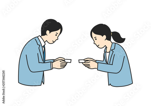 名刺交換をするビジネスパーソンの線画イラスト
