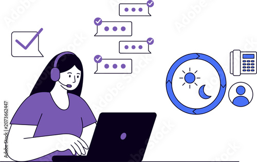 Customer service representative working around the clock with digital communication for web banner social media banner business presentation marketing meterial.