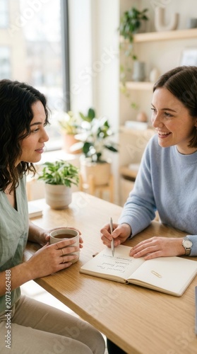 Two Women Collaborating Intently In A Bright Home Office Kitchen Setting