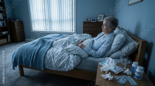 Vulnerable Senior Woman Lying In Bed Unwell At Night