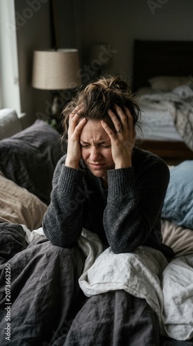 Vulnerable Woman Experiencing Despair Holding Head In Hands On Bed