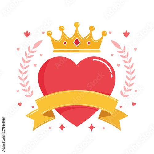 Red heart with golden crown and laurel wreath vector illustration