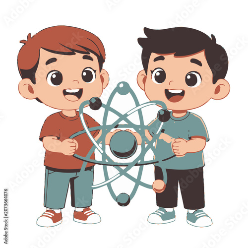 Two cartoon boys holding an atom model