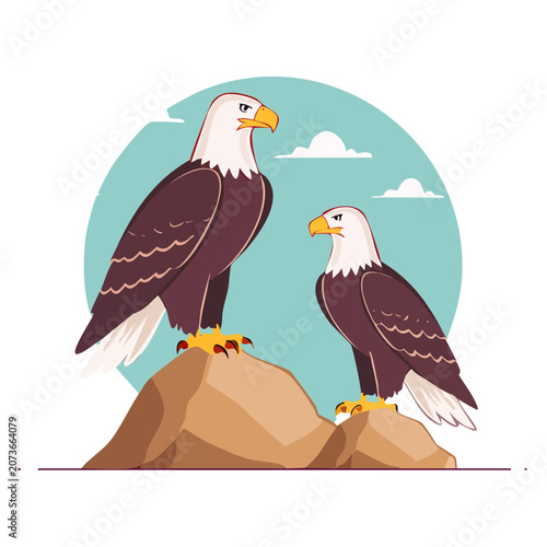 Two Bald Eagles Perched on Rocky Outcrop