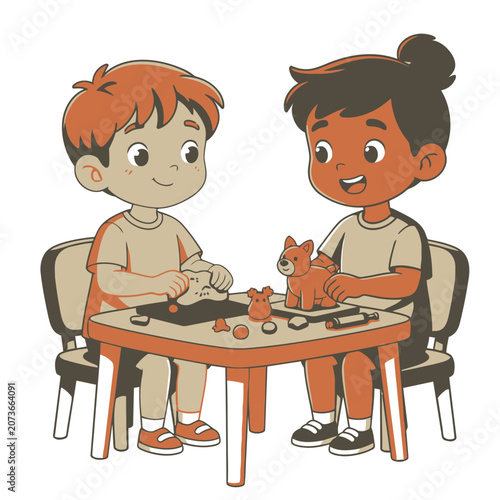 Two children playing with toys at a table