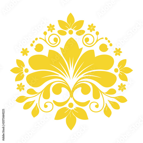 Yellow floral ornament with leaves and swirls