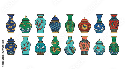 Tableau sur toile Collection of Traditional Chinese Porcelain Vases with Floral and Dragon Motifs