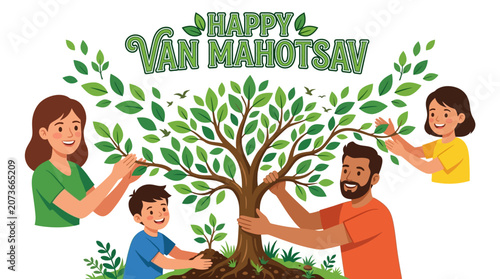 Happy Van Mahotsav celebration with a diverse family planting a tree together symbolizing environmental awareness