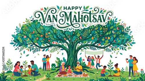 Celebrate happy Van Mahotsav with families planting trees and enjoying nature's beauty in a vibrant green park setting