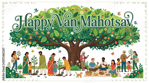 Diverse people celebrating happy Van Mahotsav by planting trees and enjoying a picnic under a lush green canopy
