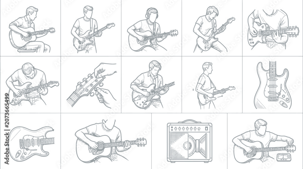 Fototapeta premium Detailed line art sketches of electric guitar playing.