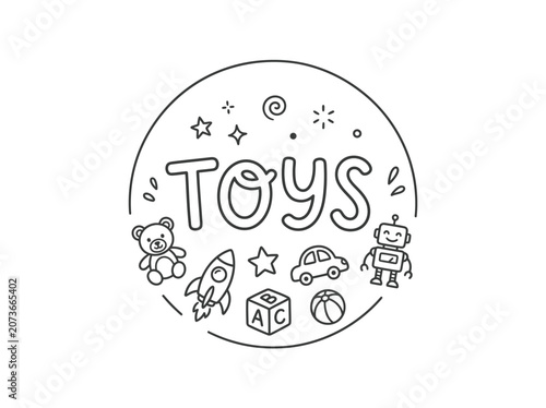 Colorful illustration of various toys.