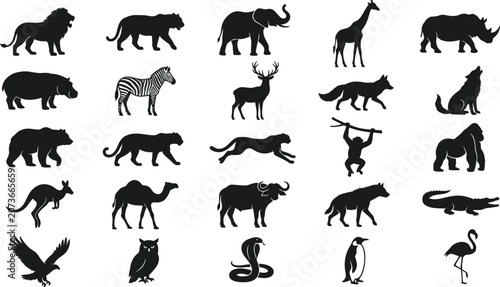 Quadro su tela Black and white of various animals including mammals, birds, and reptiles endang