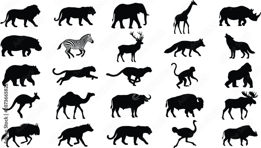 Obraz premium Black and white of various animals walking in a row silhouette