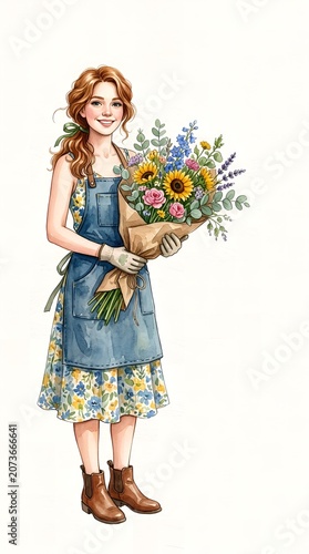 Smiling young woman in floral apron dress holding a vibrant bouquet of sunflowers and wildflowers, illustration