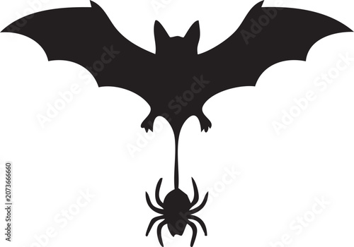 Halloween Bat Silhouette with Hanging Spider Black and White Spooky Illustration