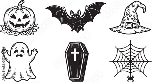 PrintHalloween, halloween icons, halloween doodles, pumpkin, jack o lantern, bat, witch hat, ghost, coffin, spider web, spider, spooky, scary, horror, autumn, october, trick or treat, haunted, creepy,