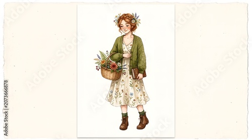 Vintage illustration of a young girl in floral dress holding a basket of wildflowers in a spring meadow