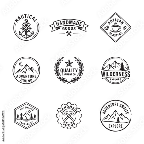 Collection of vintage outdoor and handmade product labels with a rustic feel